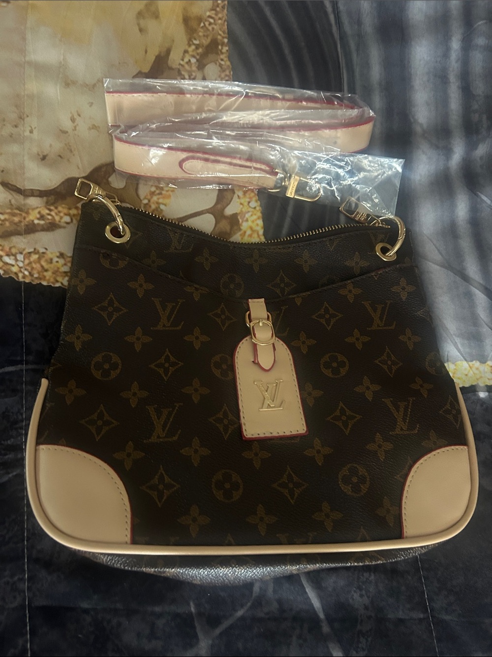 Source Unknown Brown Monogram Shoulder Bag with Beige Trim and Gold Hardware